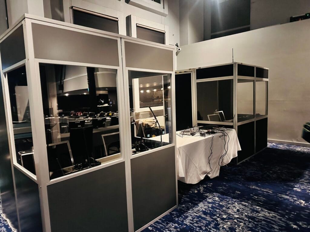 Two full soundproof interpreting booths assembled and cabled before a session at Pier One Sydney